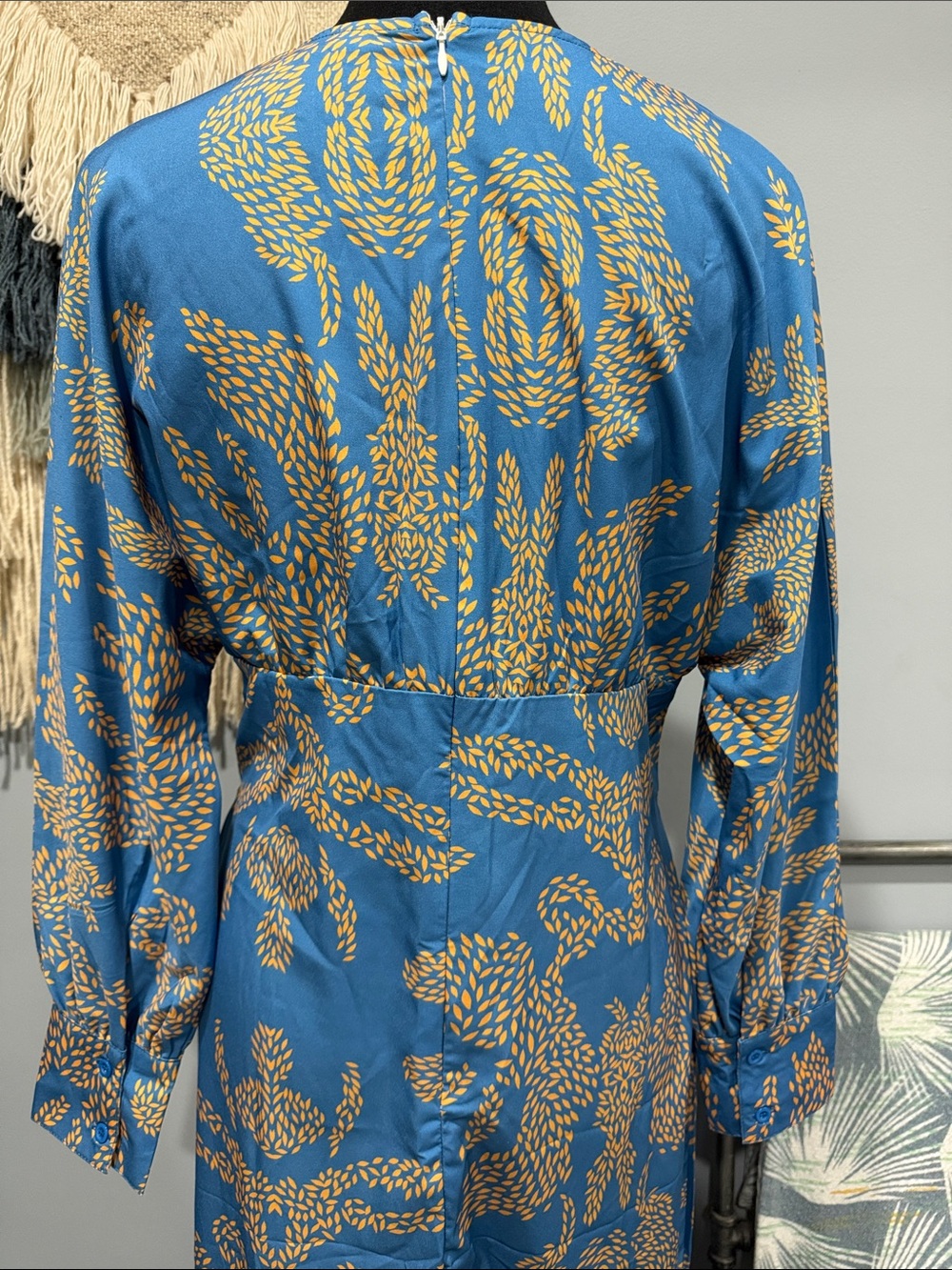 Blue Golden Yellow Twist Front Maxi Dress Boho Resort Vacation Long Sleeve NWT - Picture 5 of 9